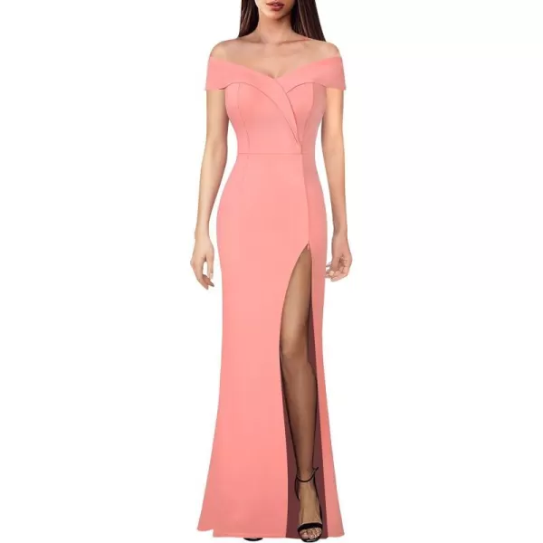 VFSHOW Womens Off Shoulder High Slit Formal Evening Wedding Guest Maxi Long DressSolid Salmon Pink