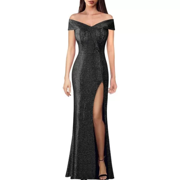 VFSHOW Womens Off Shoulder High Slit Formal Evening Wedding Guest Maxi Long DressSparkly Black