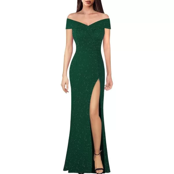 VFSHOW Womens Off Shoulder High Slit Formal Evening Wedding Guest Maxi Long DressSparkly Dark Green