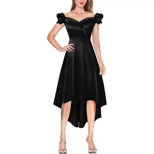 VFSHOW Womens Off Shoulder Puff Sleeve High Low Bridesmaid Cocktail Party Aline Midi DressBlack