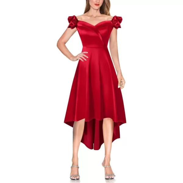 VFSHOW Womens Off Shoulder Puff Sleeve High Low Bridesmaid Cocktail Party Aline Midi DressRed