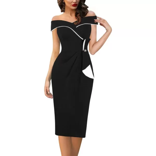 VFSHOW Womens Off Shoulder Ruched Bowknot Colorblock Cocktail Party Wedding Guest Bodycon Midi DressBlack