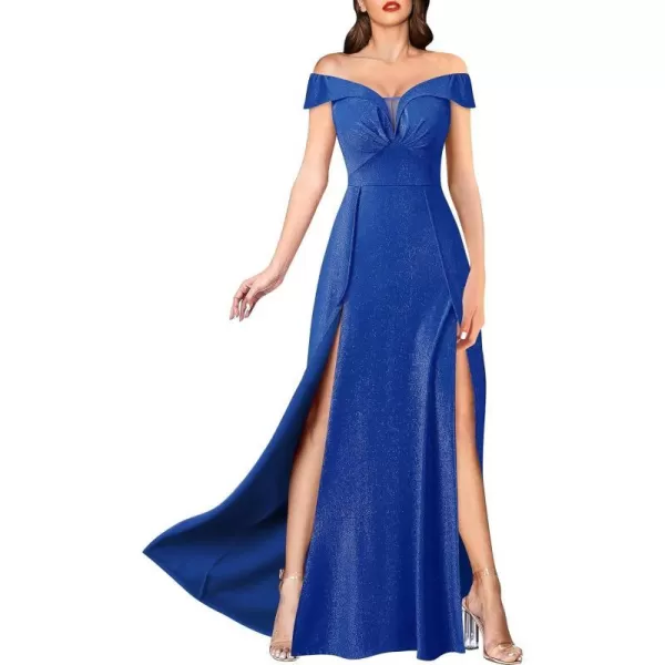 VFSHOW Womens Off Shoulder Ruched V Neck Double Slit Formal ALine Maxi Dress 2023 Wedding Guest Cocktail Evening Long Gown2sparkly Royal Blue