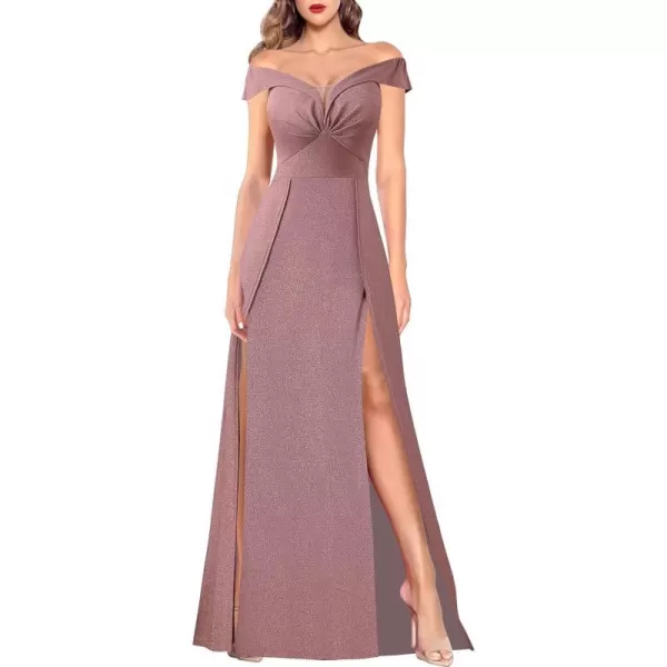 VFSHOW Womens Off Shoulder Ruched V Neck Double Slit Formal ALine Maxi Dress 2023 Wedding Guest Cocktail Evening Long Gown3sparkly Dusty Pink