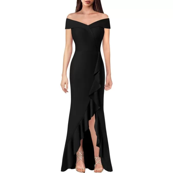 VFSHOW Womens Off Shoulder Ruffle Split Formal Evening Gown Wedding Maxi DressBlack