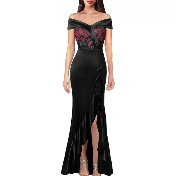 VFSHOW Womens Off Shoulder Ruffle Split Formal Evening Gown Wedding Maxi DressBlack Lace  Satin2