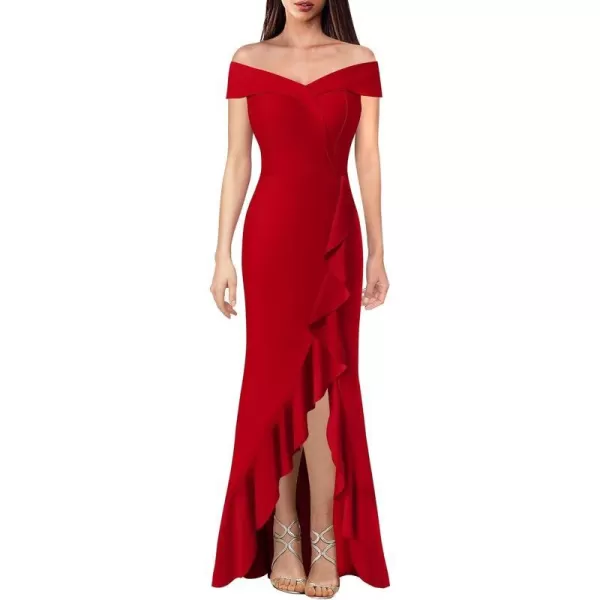 VFSHOW Womens Off Shoulder Ruffle Split Formal Evening Gown Wedding Maxi DressRed