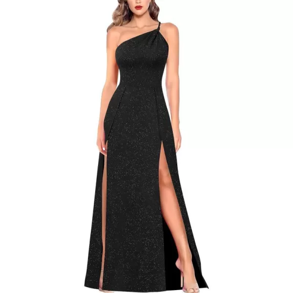 VFSHOW Womens One Shoulder Backless Double Slit Formal Prom ALine Maxi Dress 2023 Braided Strap Wedding Guest Evening GownSparkly Black