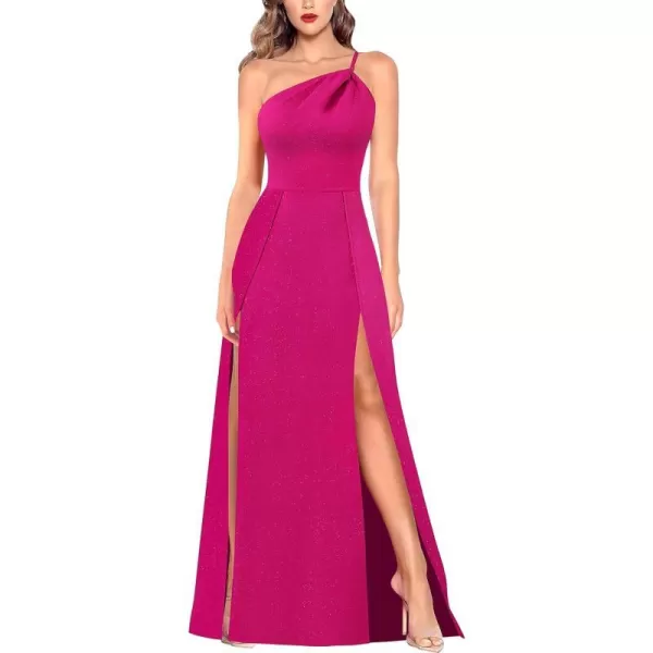 VFSHOW Womens One Shoulder Backless Double Slit Formal Prom ALine Maxi Dress 2023 Braided Strap Wedding Guest Evening GownSparkly Hot Pink