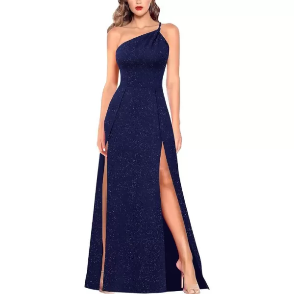 VFSHOW Womens One Shoulder Backless Double Slit Formal Prom ALine Maxi Dress 2023 Braided Strap Wedding Guest Evening GownSparkly Navy Blue