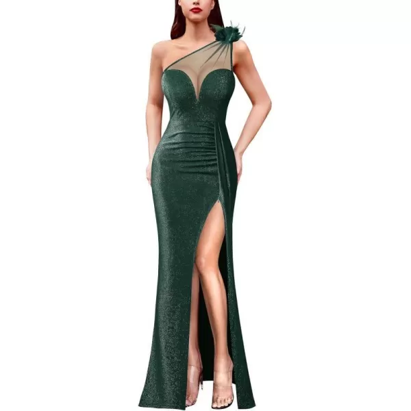 VFSHOW Womens One Shoulder Ruched Formal Prom Maxi Dress 2023 3D Flower Feather Sexy Sweetheart Neck High Split Evening GownSparkly Green