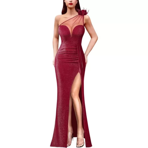 VFSHOW Womens One Shoulder Ruched Formal Prom Maxi Dress 2023 3D Flower Feather Sexy Sweetheart Neck High Split Evening GownSparkly Red