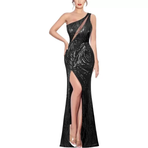 VFSHOW Womens One Shoulder Sequin High Slit Formal Wedding Guest Prom Maxi Dress 2023 Sexy Cutout Cocktail Evening Long GownSparkly Black Sequin