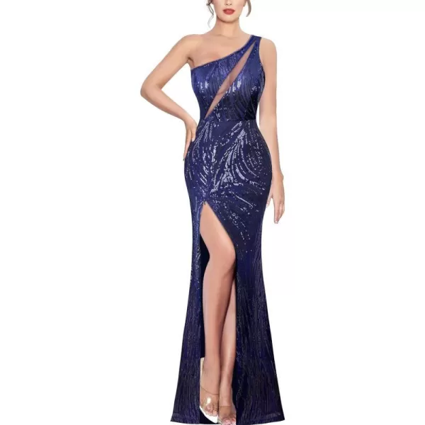 VFSHOW Womens One Shoulder Sequin High Slit Formal Wedding Guest Prom Maxi Dress 2023 Sexy Cutout Cocktail Evening Long GownSparkly Blue Sequin