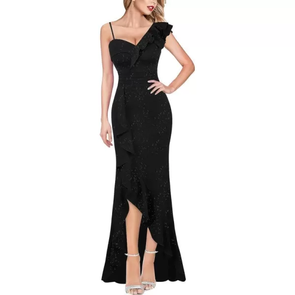 VFSHOW Womens One Shoulder Strap Ruched Ruffle Split Formal Prom Maxi Dress 2023 Sexy V Neck Wedding Guest Evening Long GownSparkly Black