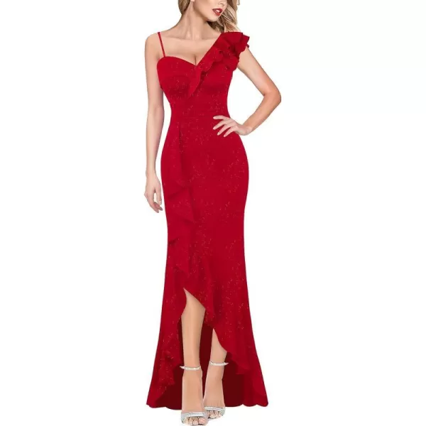 VFSHOW Womens One Shoulder Strap Ruched Ruffle Split Formal Prom Maxi Dress 2023 Sexy V Neck Wedding Guest Evening Long GownSparkly Red