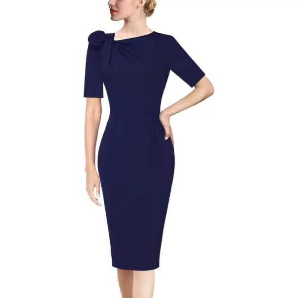 VFSHOW Womens Pleated Asymmetric Bow Neck Work Cocktail Party Sheath DressNavy Blueshort Sleeve