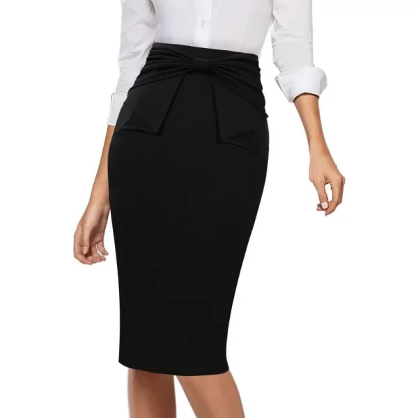 VFSHOW Womens Pleated Bow High Waist Slim Work Office Business Pencil SkirtBlack