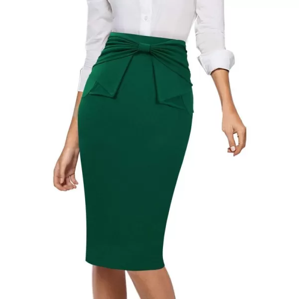 VFSHOW Womens Pleated Bow High Waist Slim Work Office Business Pencil SkirtGreen