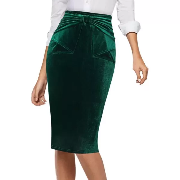 VFSHOW Womens Pleated Bow High Waist Slim Work Office Business Pencil SkirtGreen Velvet