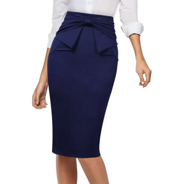 VFSHOW Womens Pleated Bow High Waist Slim Work Office Business Pencil SkirtNavy Blue