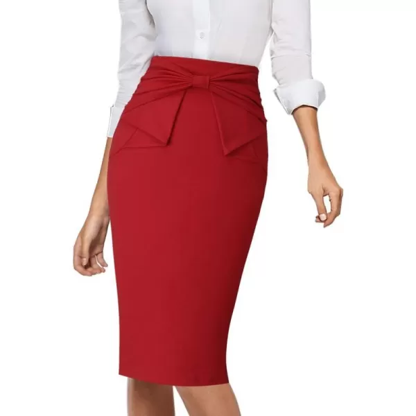 VFSHOW Womens Pleated Bow High Waist Slim Work Office Business Pencil SkirtRed