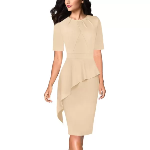 VFSHOW Womens Pleated Crew Neck Asymmetrical Big Peplum Work Business Office Bodycon Pencil Sheath DressApricot