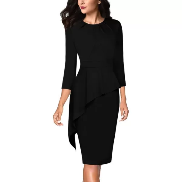 VFSHOW Womens Pleated Crew Neck Asymmetrical Big Peplum Work Business Office Bodycon Pencil Sheath DressBlack Asymmetrical Peplum2