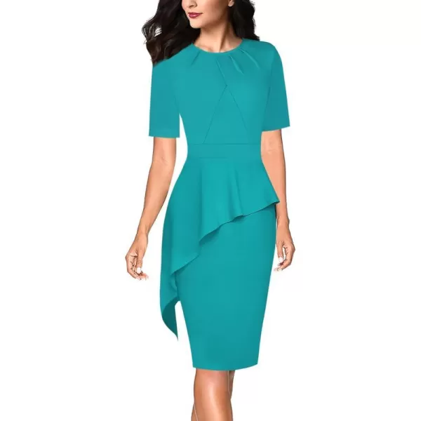 VFSHOW Womens Pleated Crew Neck Asymmetrical Big Peplum Work Business Office Bodycon Pencil Sheath DressLight Green