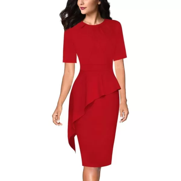 VFSHOW Womens Pleated Crew Neck Asymmetrical Big Peplum Work Business Office Bodycon Pencil Sheath DressRed