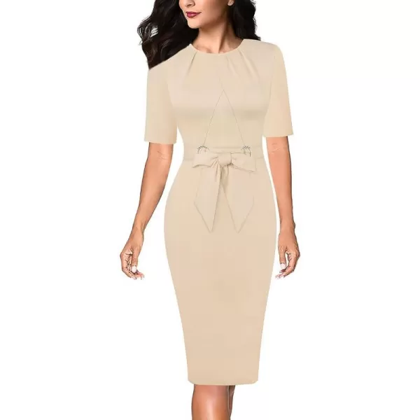 VFSHOW Womens Pleated Crew Neck Belted Work Business Office Bodycon Dress Tie Waist 2023 Slim Fit Church Pencil DressBeige