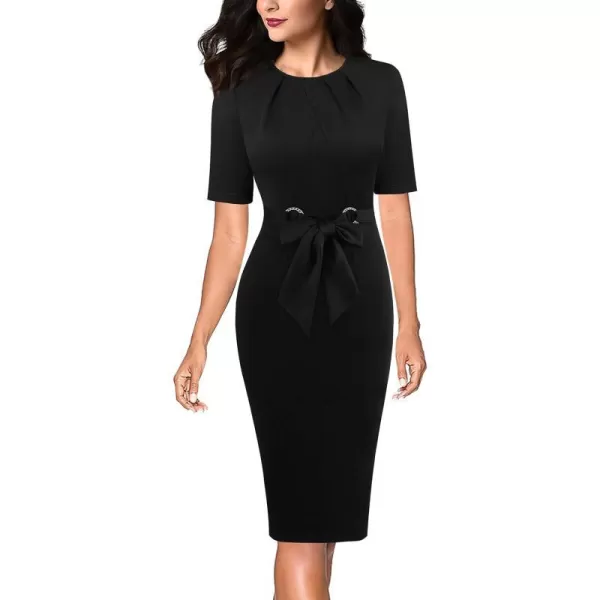 VFSHOW Womens Pleated Crew Neck Belted Work Business Office Bodycon Dress Tie Waist 2023 Slim Fit Church Pencil DressBlackshort Sleeves