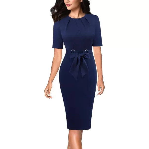 VFSHOW Womens Pleated Crew Neck Belted Work Business Office Bodycon Dress Tie Waist 2023 Slim Fit Church Pencil DressNavy Blueshort Sleeves