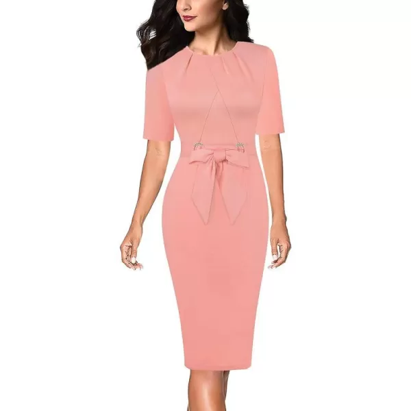 VFSHOW Womens Pleated Crew Neck Belted Work Business Office Bodycon Dress Tie Waist 2023 Slim Fit Church Pencil DressSalmon Pink