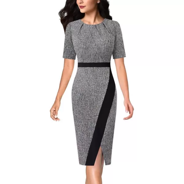 VFSHOW Womens Pleated Crew Neck Patchwork Work Business Office Bodycon Pencil DressBlack Tweed2