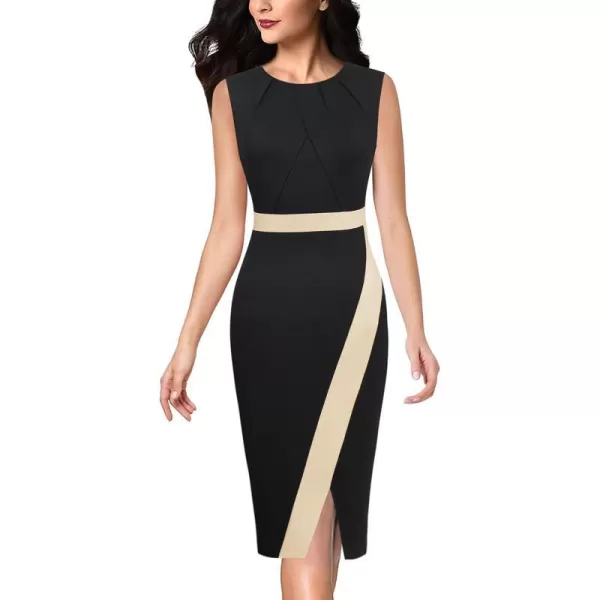 VFSHOW Womens Pleated Crew Neck Patchwork Work Business Office Bodycon Pencil DressBlack and Beige2