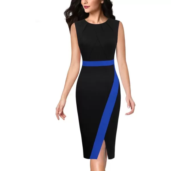 VFSHOW Womens Pleated Crew Neck Patchwork Work Business Office Bodycon Pencil DressBlack and Blue2