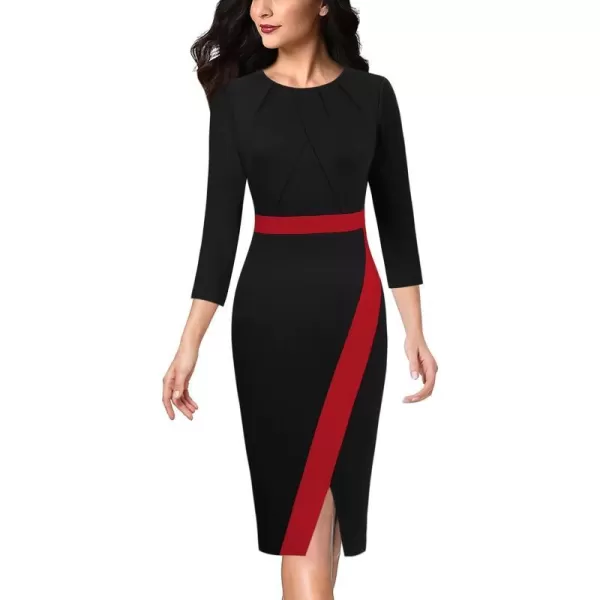 VFSHOW Womens Pleated Crew Neck Patchwork Work Business Office Bodycon Pencil DressBlack and Red