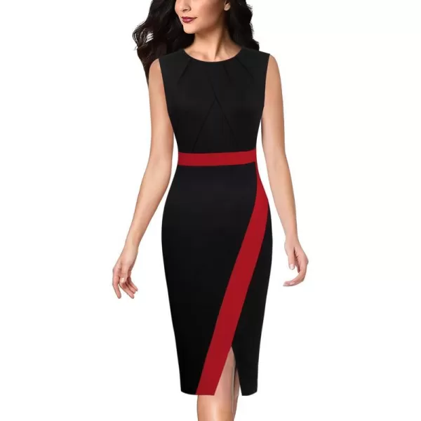 VFSHOW Womens Pleated Crew Neck Patchwork Work Business Office Bodycon Pencil DressBlack and Red3