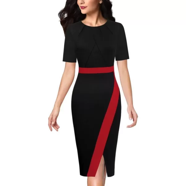 VFSHOW Womens Pleated Crew Neck Patchwork Work Business Office Bodycon Pencil DressBlack and Redshort Sleeve