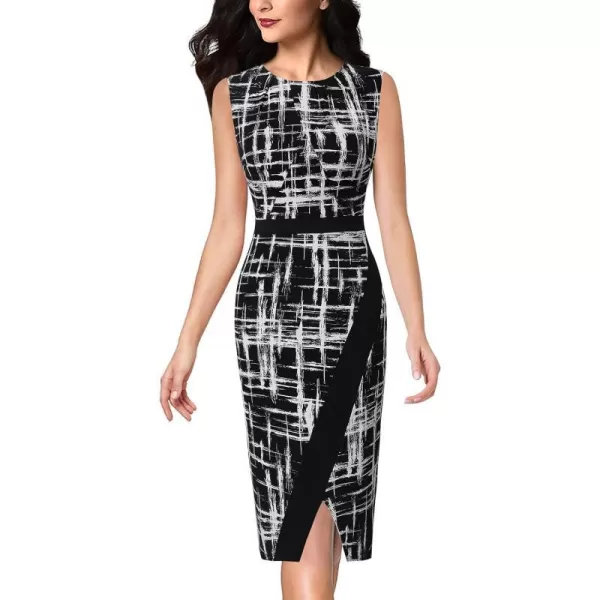 VFSHOW Womens Pleated Crew Neck Patchwork Work Business Office Bodycon Pencil DressBlack and White Geometric Print