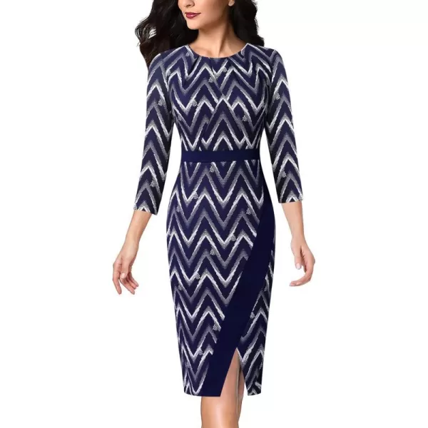 VFSHOW Womens Pleated Crew Neck Patchwork Work Business Office Bodycon Pencil DressBlue Zigzag Printed