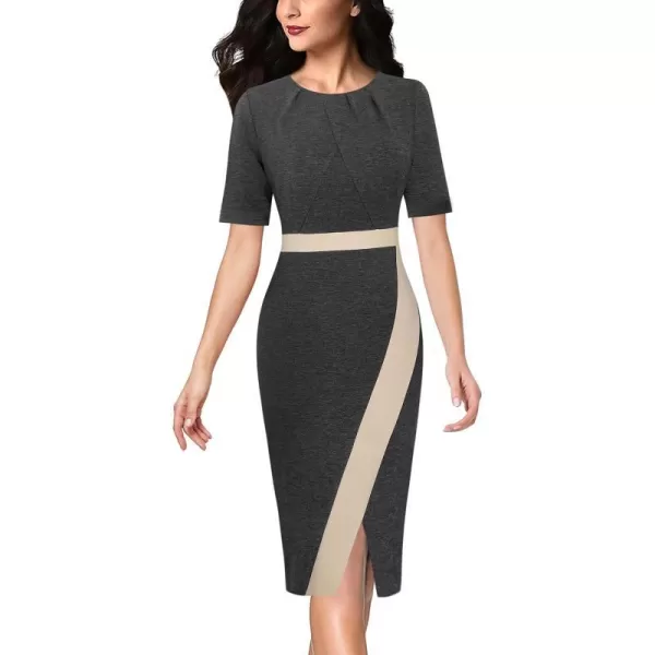 VFSHOW Womens Pleated Crew Neck Patchwork Work Business Office Bodycon Pencil DressGrey and Beige2