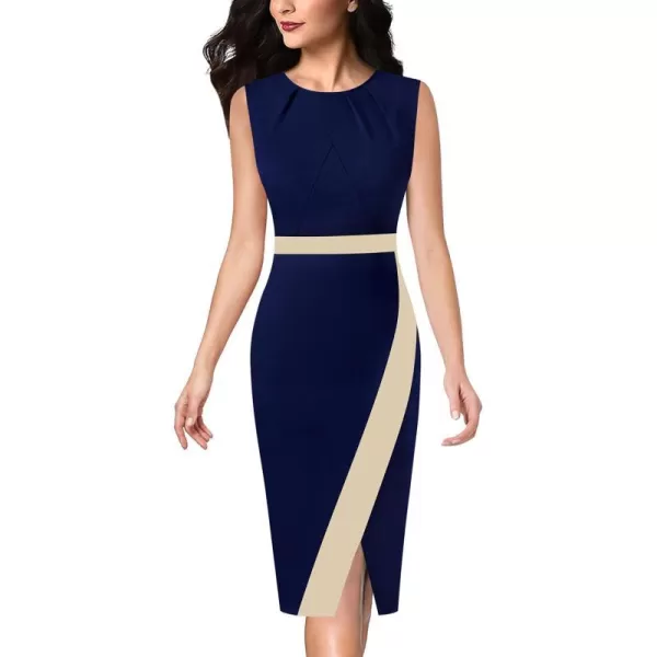 VFSHOW Womens Pleated Crew Neck Patchwork Work Business Office Bodycon Pencil DressNavy Blue  Beige