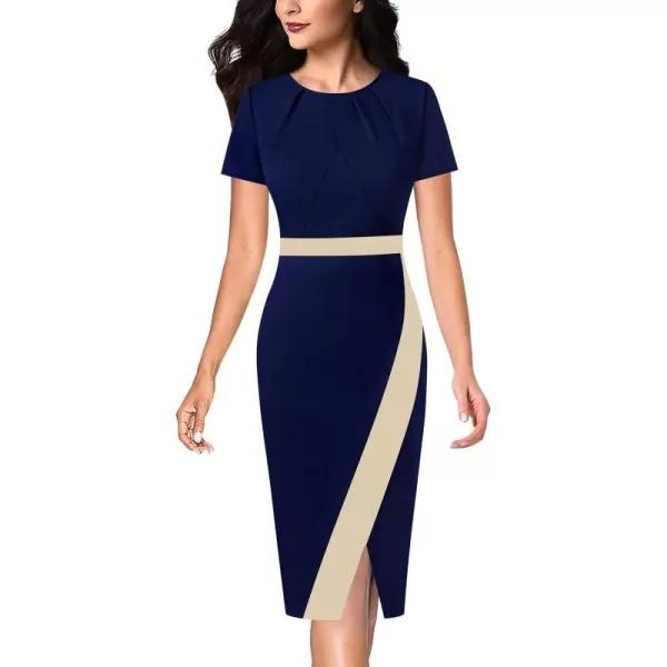 VFSHOW Womens Pleated Crew Neck Patchwork Work Business Office Bodycon Pencil DressNavy Blue and Beige2