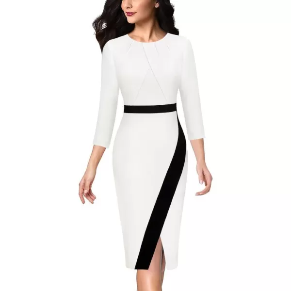 VFSHOW Womens Pleated Crew Neck Patchwork Work Business Office Bodycon Pencil DressOff White and Black3