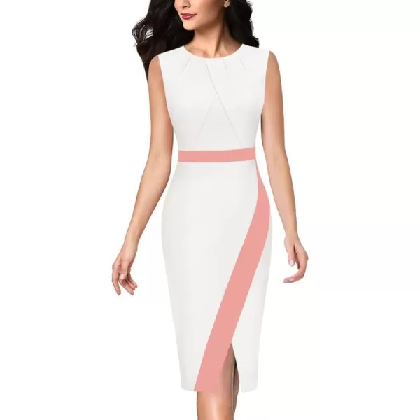 VFSHOW Womens Pleated Crew Neck Patchwork Work Business Office Bodycon Pencil DressOff White and Peach2