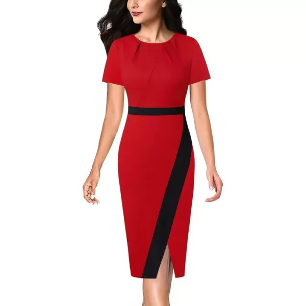 VFSHOW Womens Pleated Crew Neck Patchwork Work Business Office Bodycon Pencil DressRed  Black