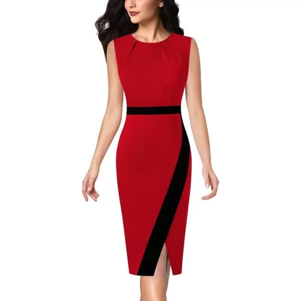 VFSHOW Womens Pleated Crew Neck Patchwork Work Business Office Bodycon Pencil DressRed and Black2