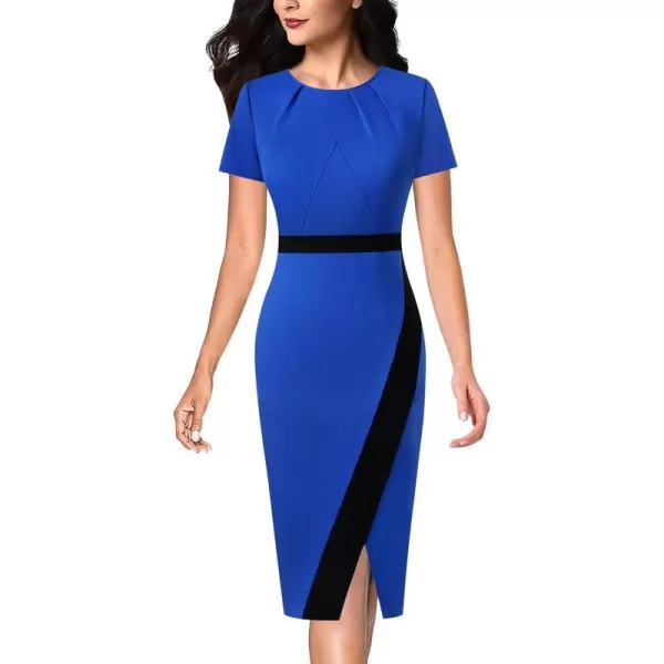 VFSHOW Womens Pleated Crew Neck Patchwork Work Business Office Bodycon Pencil DressRoyal Blue and Black2